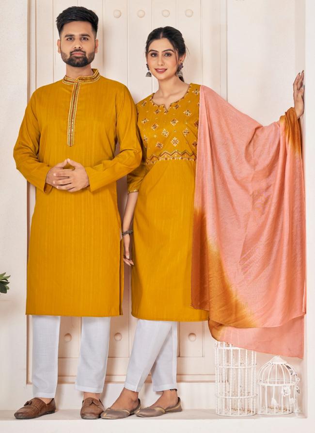 Pure Viscose Mustard Festival Wear Embroidery Work Readymade Couple Combo Set